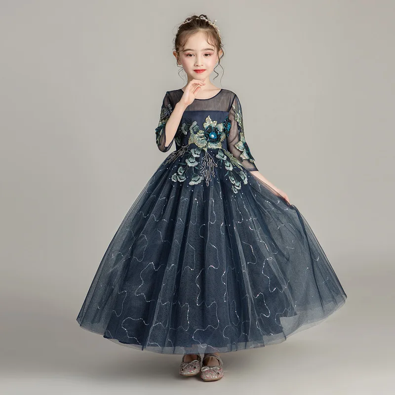 Fashion Sequin Embroidery Flower Girl Dresses Elegant Birthday Piano Perform Wedding Dress Half Sleeve Lace Girls Party Dresses