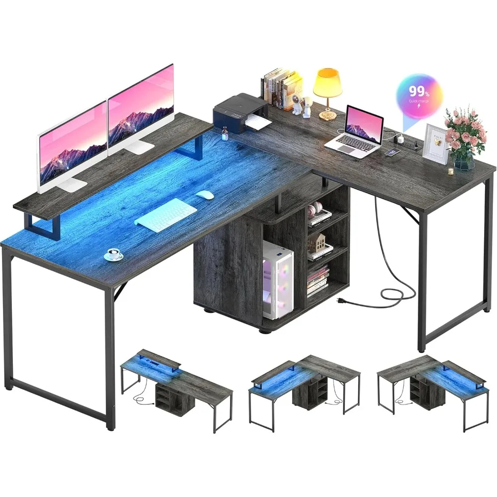 

L Shaped Gaming Desk with Wood Cabinet, 58" Large Corner Desk with LED Lights & Power Outlet, Reversible Computer Desks