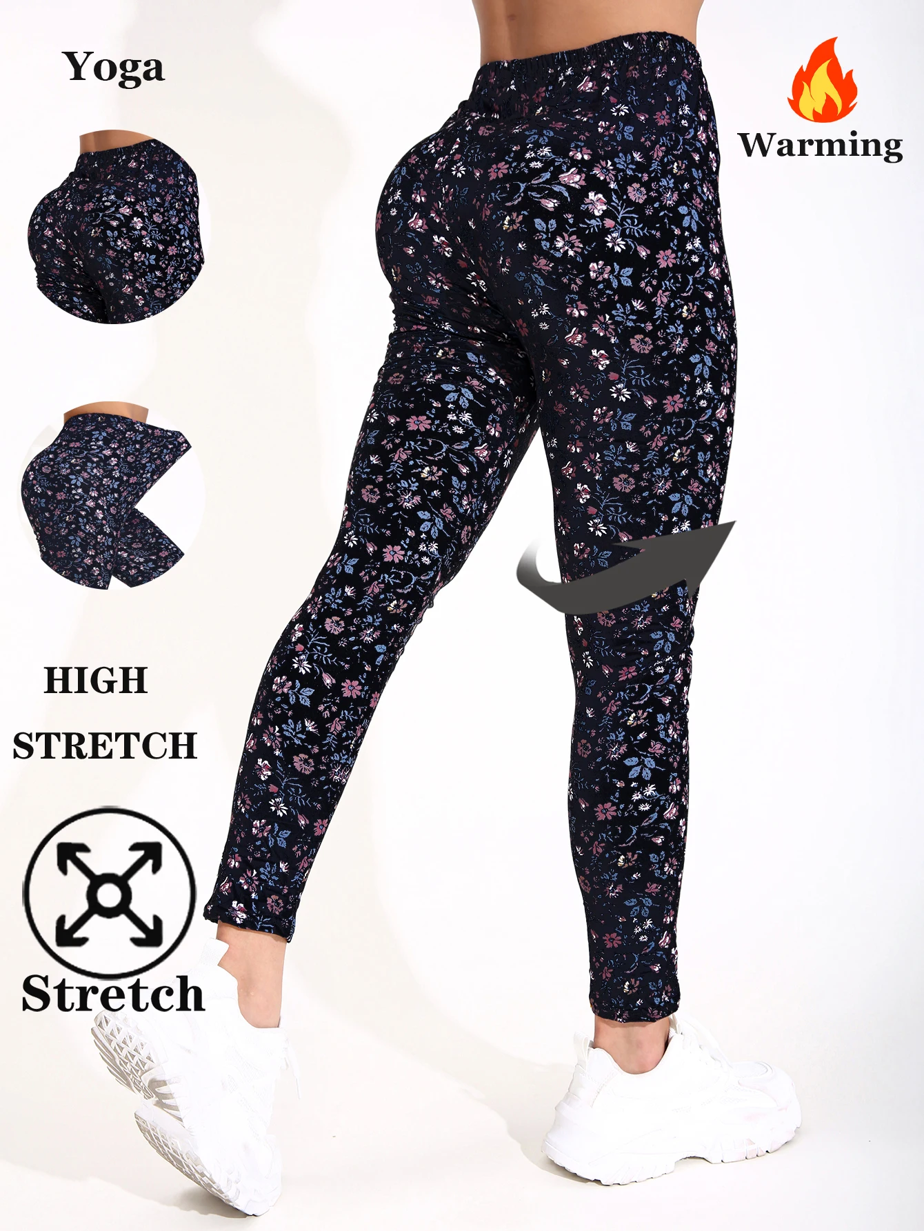 Autumn Winter 1PACK Women's Small Floral Plush Thick Sexy Tight Legging Casual Sports Elegant Fitness Yoga Pants