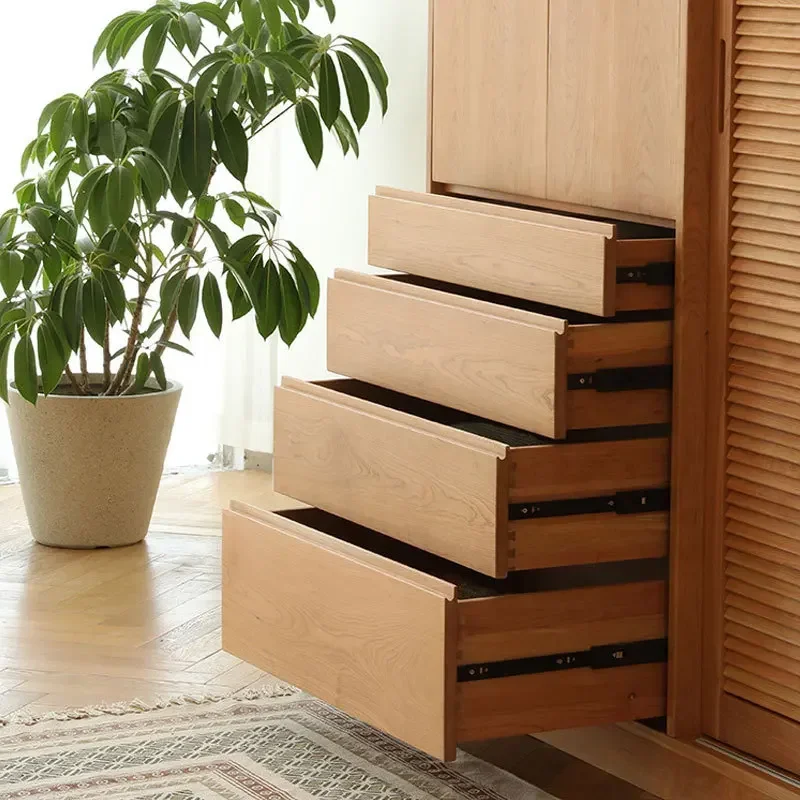 日本の無垢材ワードローブ桜材北欧ログシンプルスライドシャッタードア寝室ワードローブホームロッカー