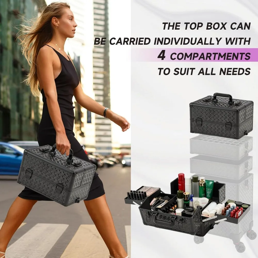 Étui à ongles roulant portable avec roulettes, organisateur cosmétique multicouche pour professionnels et voyages