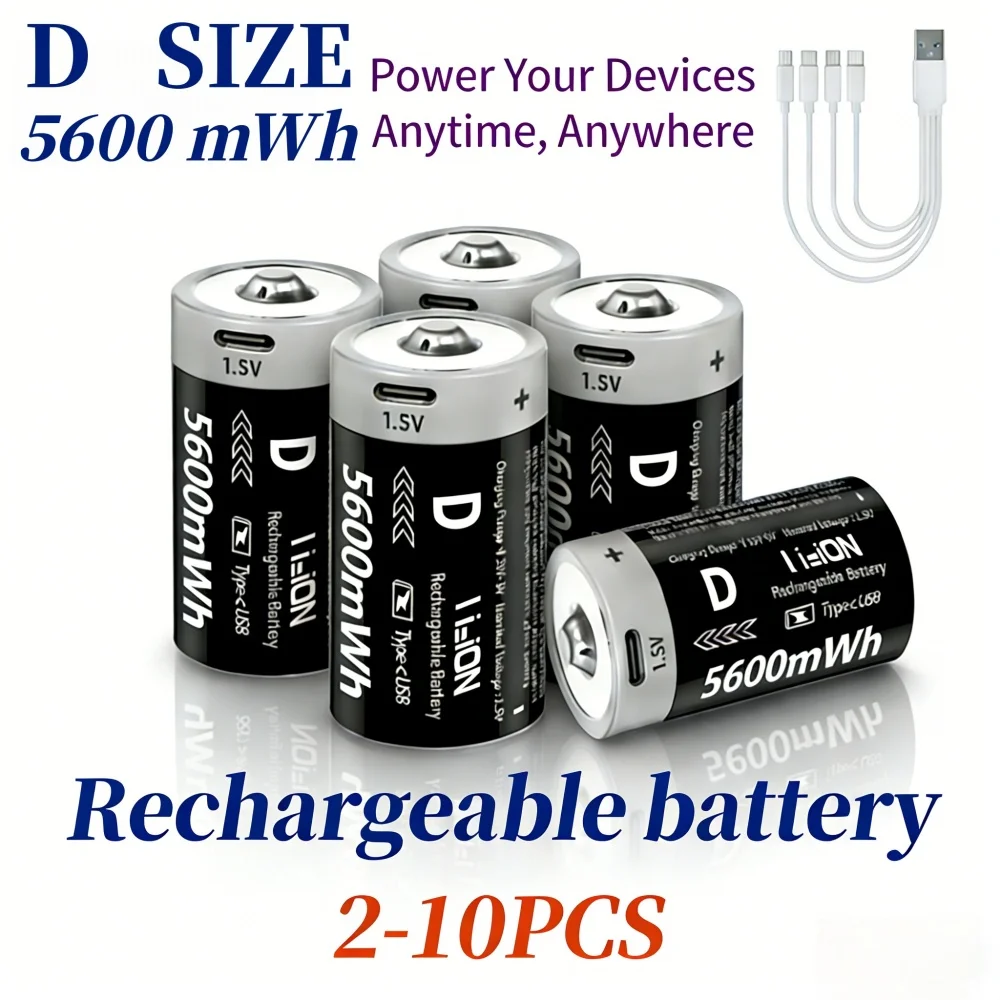 5600mWh 1.5V USB Rechargeable D Size Lithium Battery High Capacity for Gas Stoves, Water Heaters & Flashlights