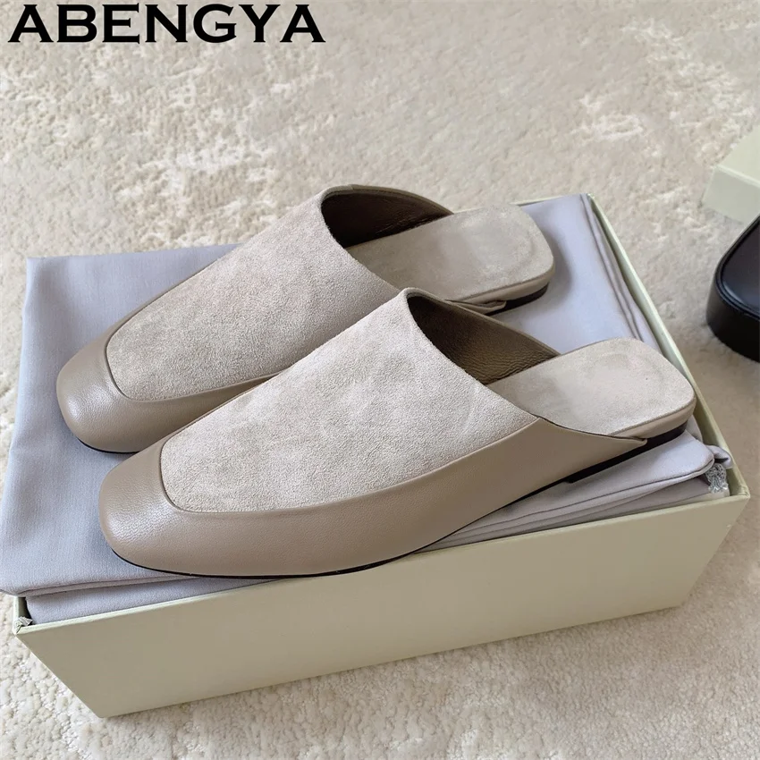 Quality Suede Leather Round Toe Flat Slippers Women Piece Splicing Round Warp Toe loafers Shoes Summer Fashion Walk Shoes Mujer