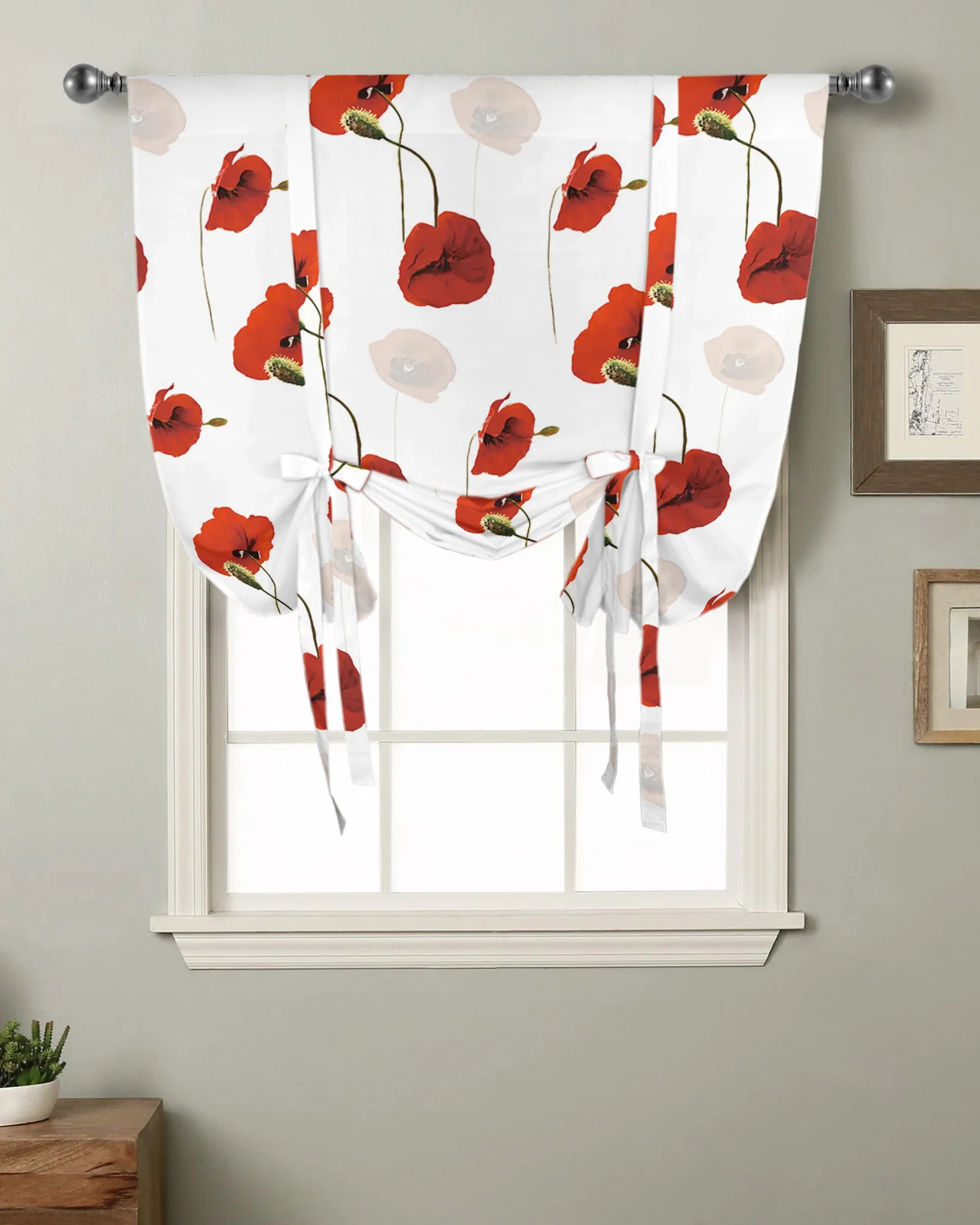 Flower Red Poppy White Window Curtain for Living Room Roman Curtains for Kitchen Cafe Tie Up Short Drapes