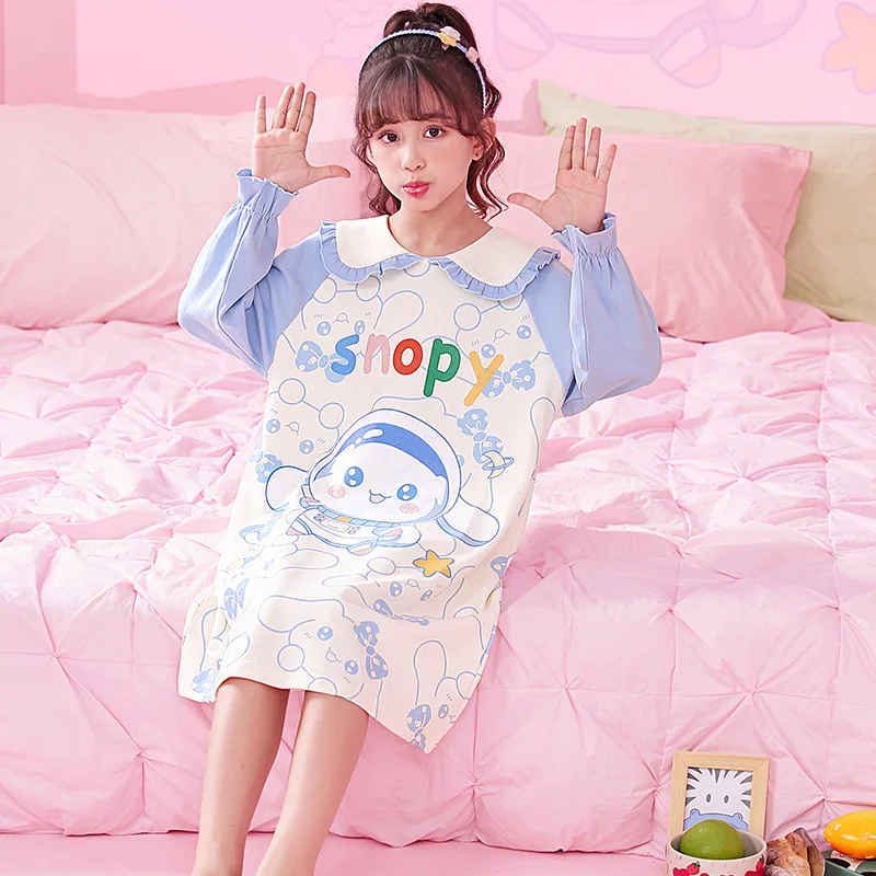 Spring and Autumn Thin Long-sleeved Loose and Cute Princess Style Nightgown Sleepwear Pyjamas Robe Children's Clothing Mother