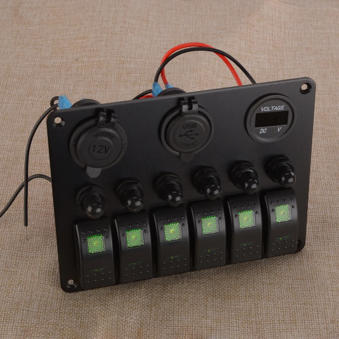 6 Gang Combination On/Off Rocker Switch USB Charger Panel Green LED Circuit Breaker Voltmeter Fit For Car Truck Marine Boat SUVs