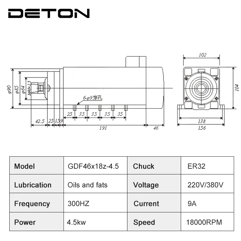 Square CNC 4.5KW 220/380V 18000RPM 300Hz air cooled spindle tool wrench DETON inverter for woodworking milling machine