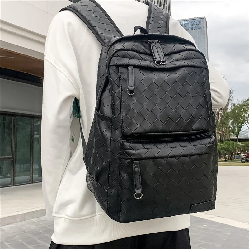 Korean Casual Pu Leather Woven Backpack Versatile Leisure Travel Bag Large Capacity Men's Fashion Student Schoolbag Laptop Bags