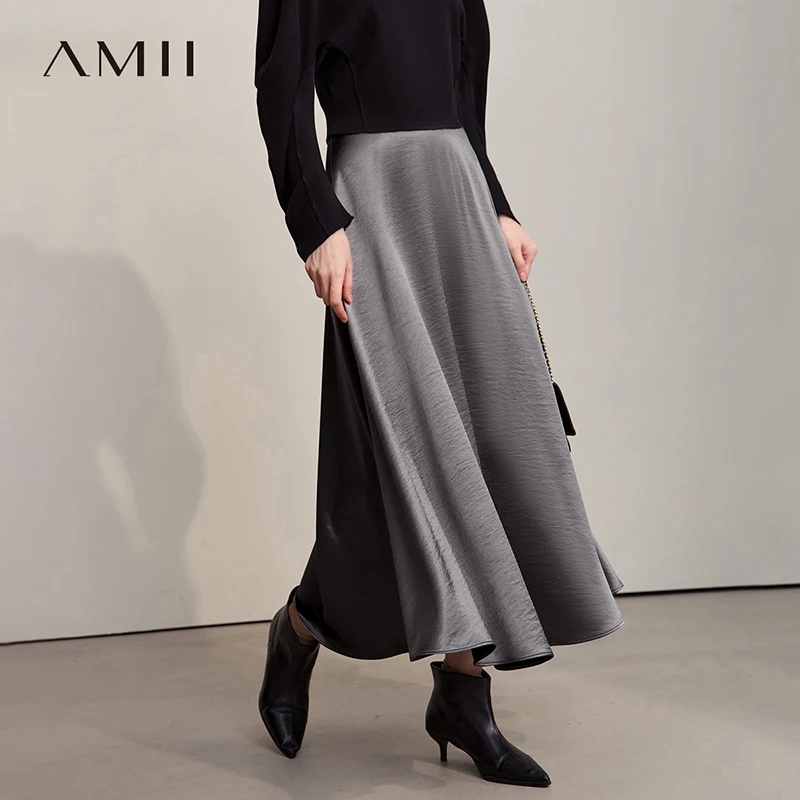 AMII Women's Skirt Loose Long A-skirt Satin Skirts For Women 2025 Autumn New Minimalist Solid Color Clothing Ladies 12513015