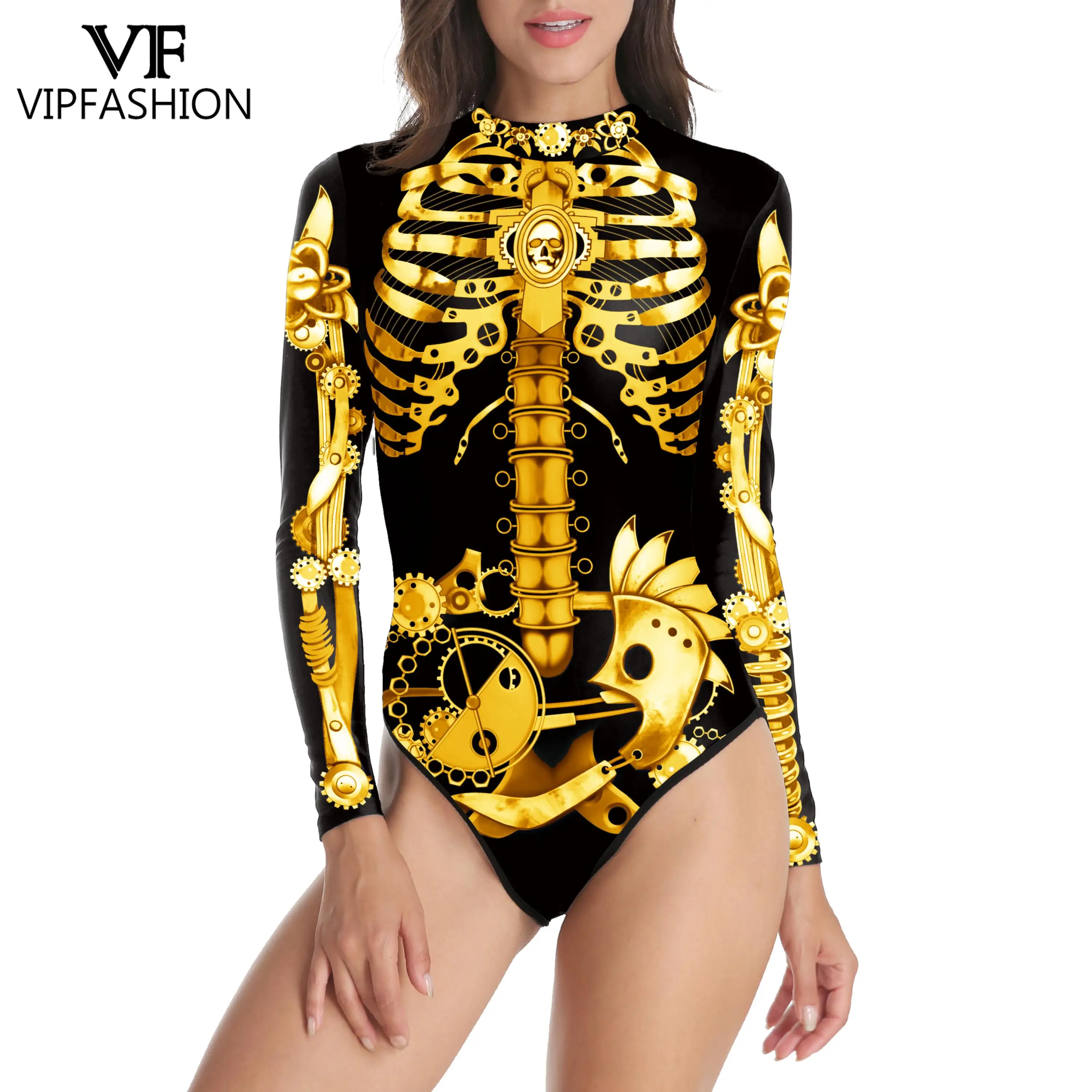 Traje de baño de manga larga con estampado 3D para mujer, Bodysuits Sexy para mujer, traje de baño de una pieza, traje de fiesta de Cosplay, moda VIP, Punk