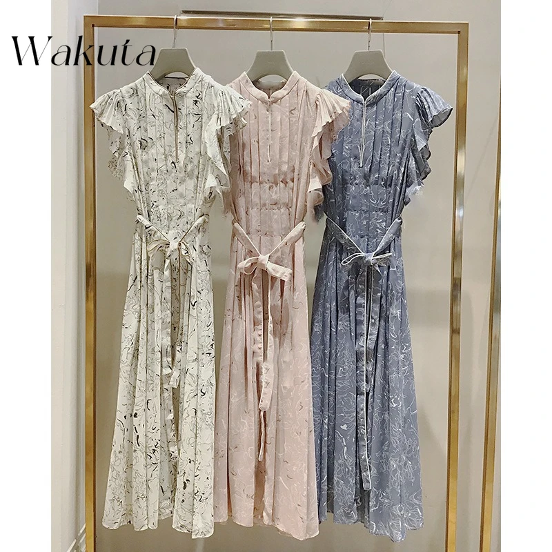

WAKUTA spring Ruffles Print Vestidos Japanese Pleated Dress O-neck Flying Sleeve Dresses Summer Retro Vestido A-line Ropa Mujer