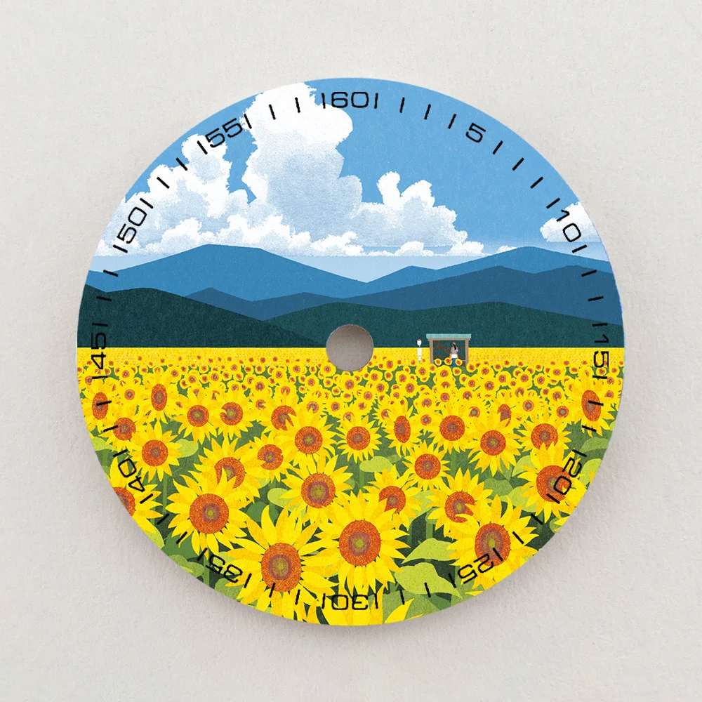 28.5mm NH35 Dial Sunflower Mountain Scenery Dial Green Luminous Dial Color NH36 Dial Watch Accessories Fits NH35/NH36 Movement