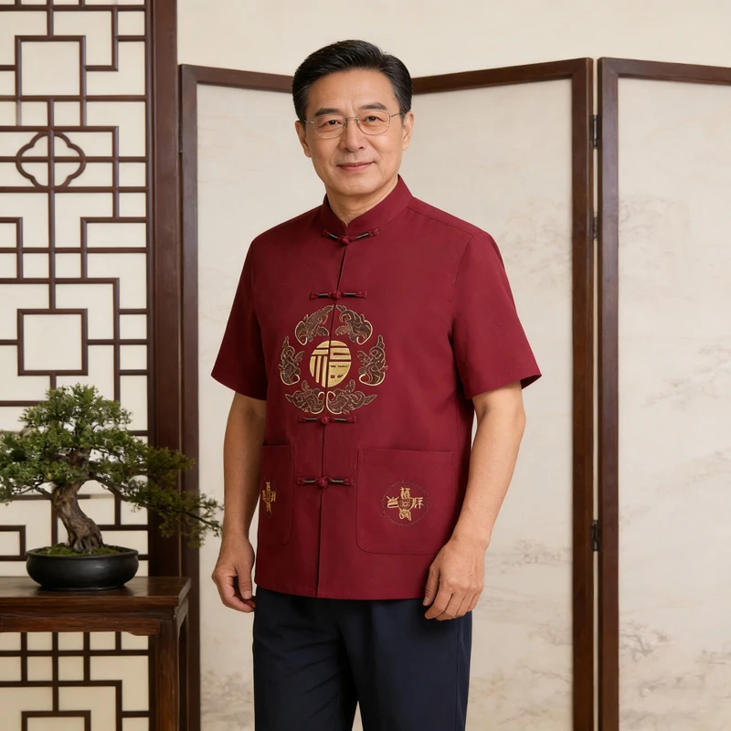 Men's Chinese Tang Suit Set Short Sleeve Mandarin Collar Shirt & Pants Vintage Frog Button Two Piece Outfit Summer Casual Lounge