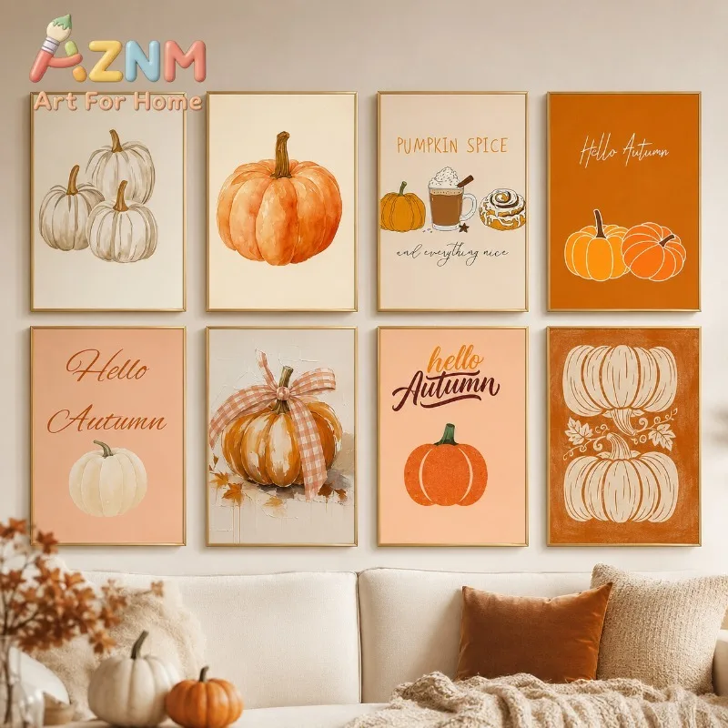 Fall Pumpkin Canvas Gallery Wall Prints Hello Autumn Pumpkin Spice Typography Wall Art Farmhouse Thanksgiving Home Decor Gift