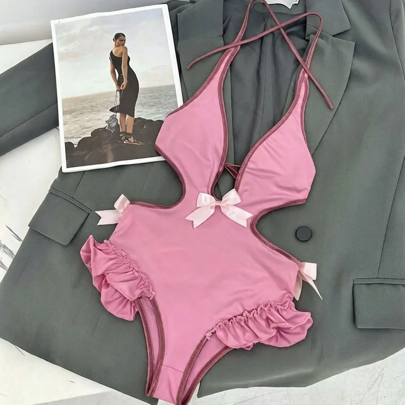 Pink Halter Cut Out One Piece Swimsuit Women Bow Ruffle Deep V Slim Beach Monokini Bodysuit - view 5