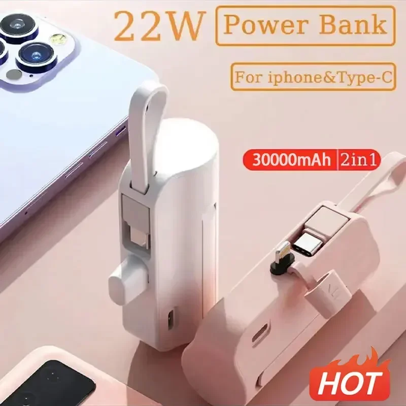 

2 in 1 Power Bank 30000mAh Built in Cable Mini PowerBank Battery Portable Charger For iPhone Samsung Xiaomi Spare Power Bank New