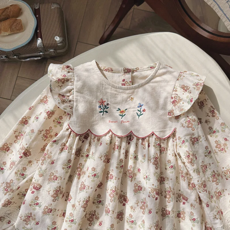 

French Floral Ruffle Sleeve Sweet Girl Dress2025Autumn Flower Embroidery Children's Princess Dress Long Sleeve