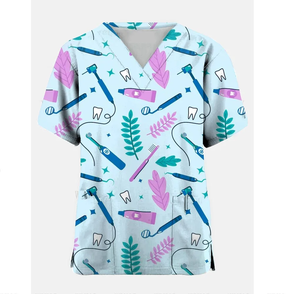 Cute nurse pattern Scrubs Top Women with Pockets V-Neck Scrub Uniforms Pet Grooming Nurse Spa Caring Shirt uniformes de enfermer