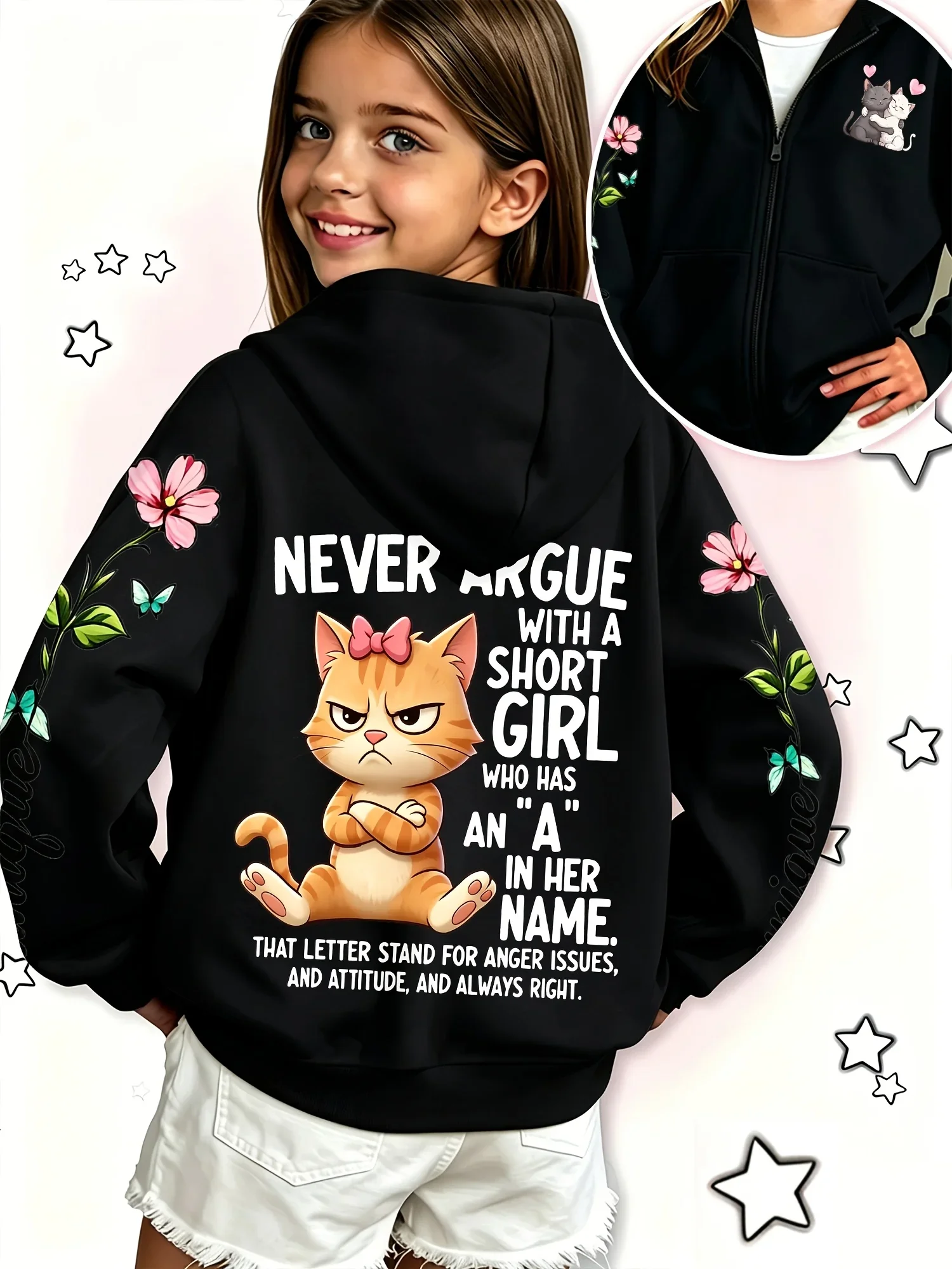Unisex Kids Sassy Orange Cat Zip Up Hoodie Floral Butterfly Sleeve Print Autumn Winter Sweatshirt