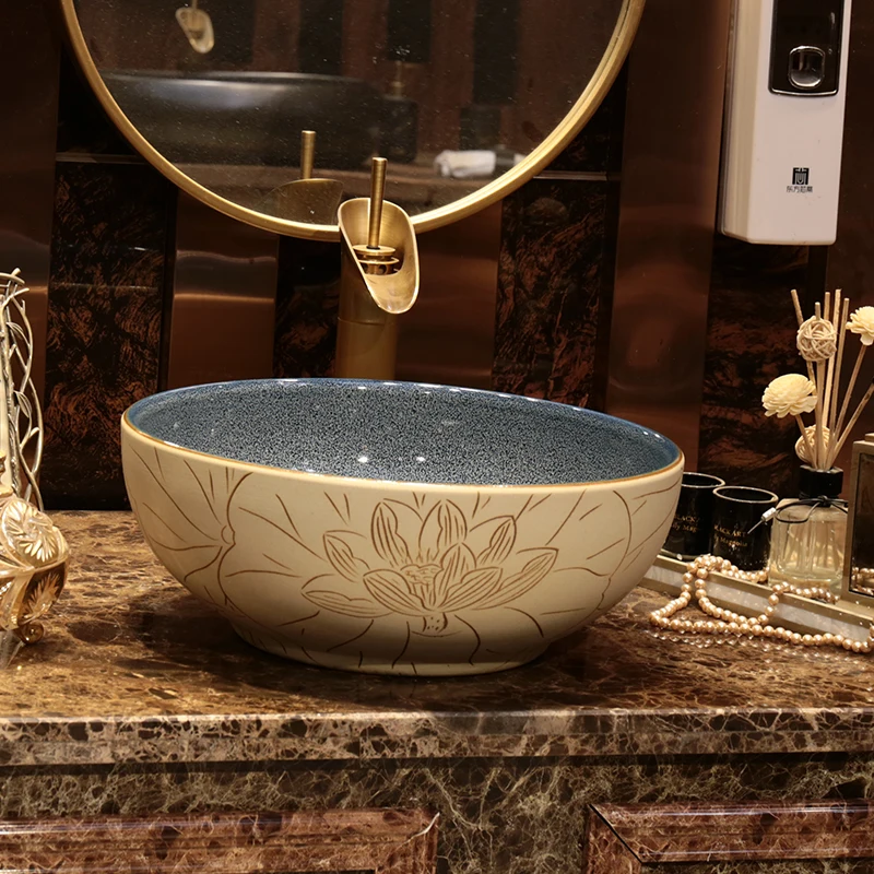 Large lotus retro on-stage basin, Chinese style enlarged wash basin, bathroom face wash art wash basin