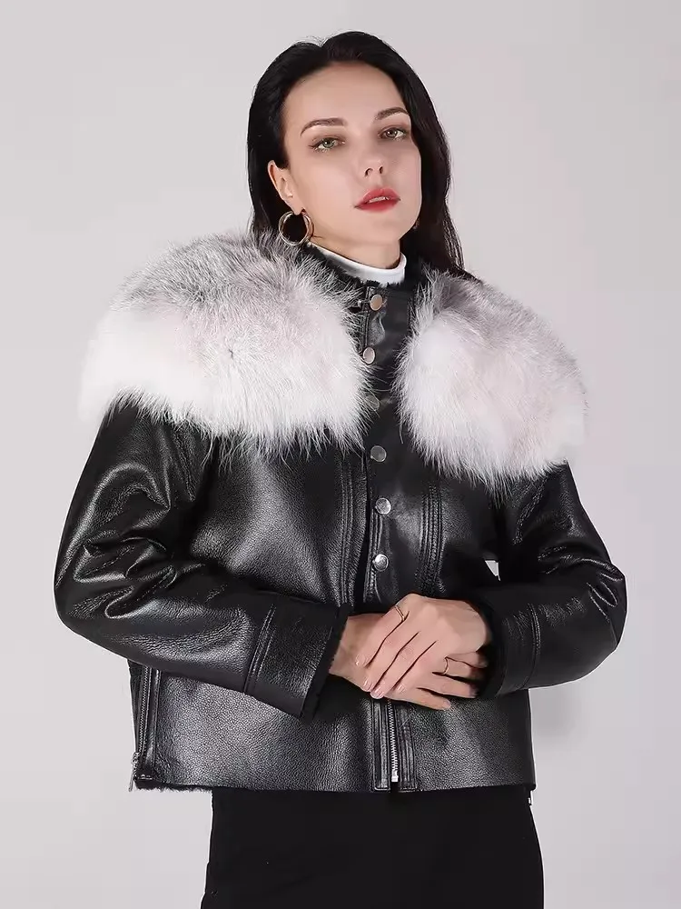 Women Real Fur Coat Luxury Fox Fur Collar Single Breasted Genuine Leather Short Jacket New Winter Warm Sheep Shearling Coats