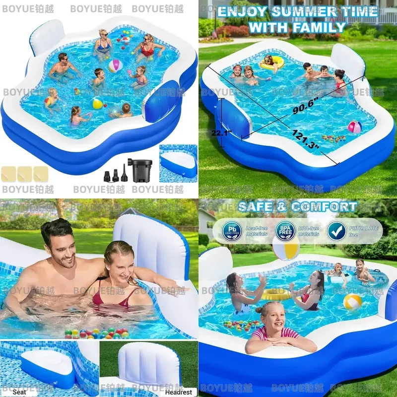Large Inflatable Swimming Pool with Built in Seats and Pump Thickened Heavy Duty Blow Up Family Full Size Backyard Water Play