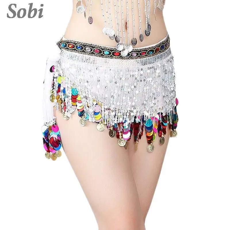 Sequins Tribal Belly Dance Hip Scarf Adult Women Glitter Tassel Hip Waist Skirt Oriental Dance Fringe Hip Belt with Rhinestones