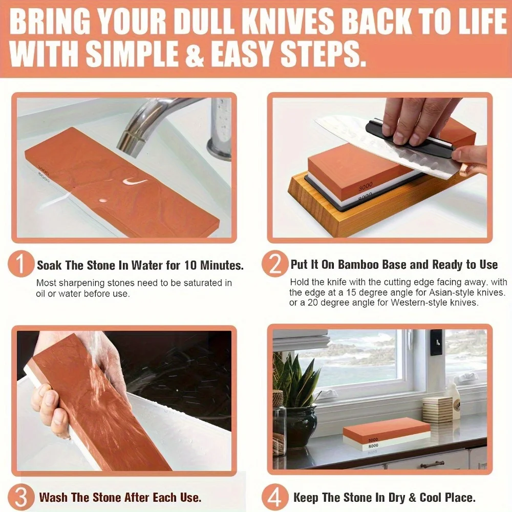 Kitchen Knife Sharpening Stone Set 400 1000 3000 8000 Grit, 4 Sided Whetstone with Bamboo Base and Angle Guide