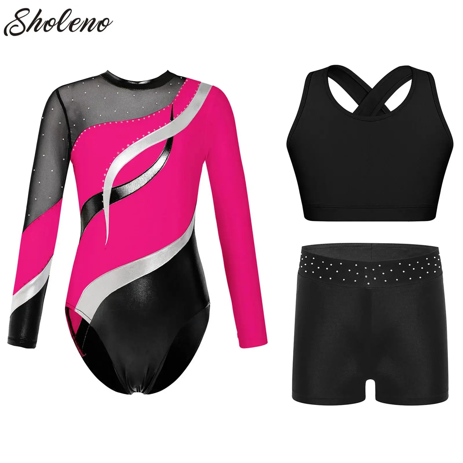 

Kids Girl Ballet Dance Gymnastic Leotard Long Sleeve Bodysuit with Vest Shorts Skating Stage Performance Dancewear Sportswear