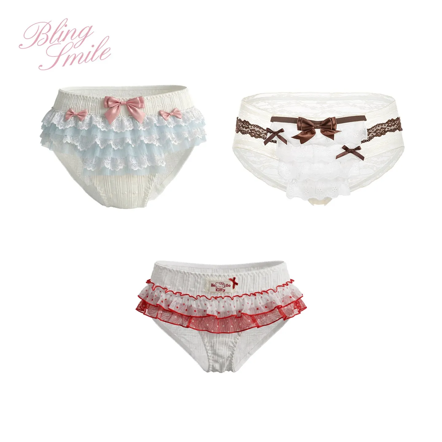 Lolita Women French Floral Print Panties Lace Ruffle Tulle Briefs Side Tie Design Soft Low Rise Ladies Underwear