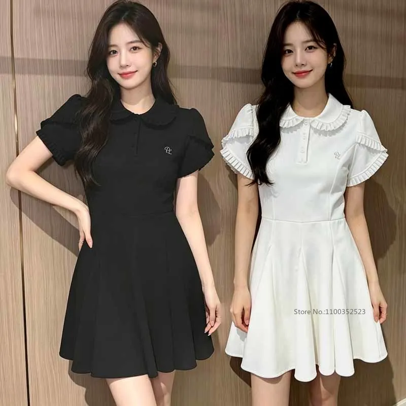 PL New Sports Dresses Women Short Sleeve Ruffle Tennis Dress Polo Lapel Fitness Tennis Skirt Outdoor Badminton Golf Wear