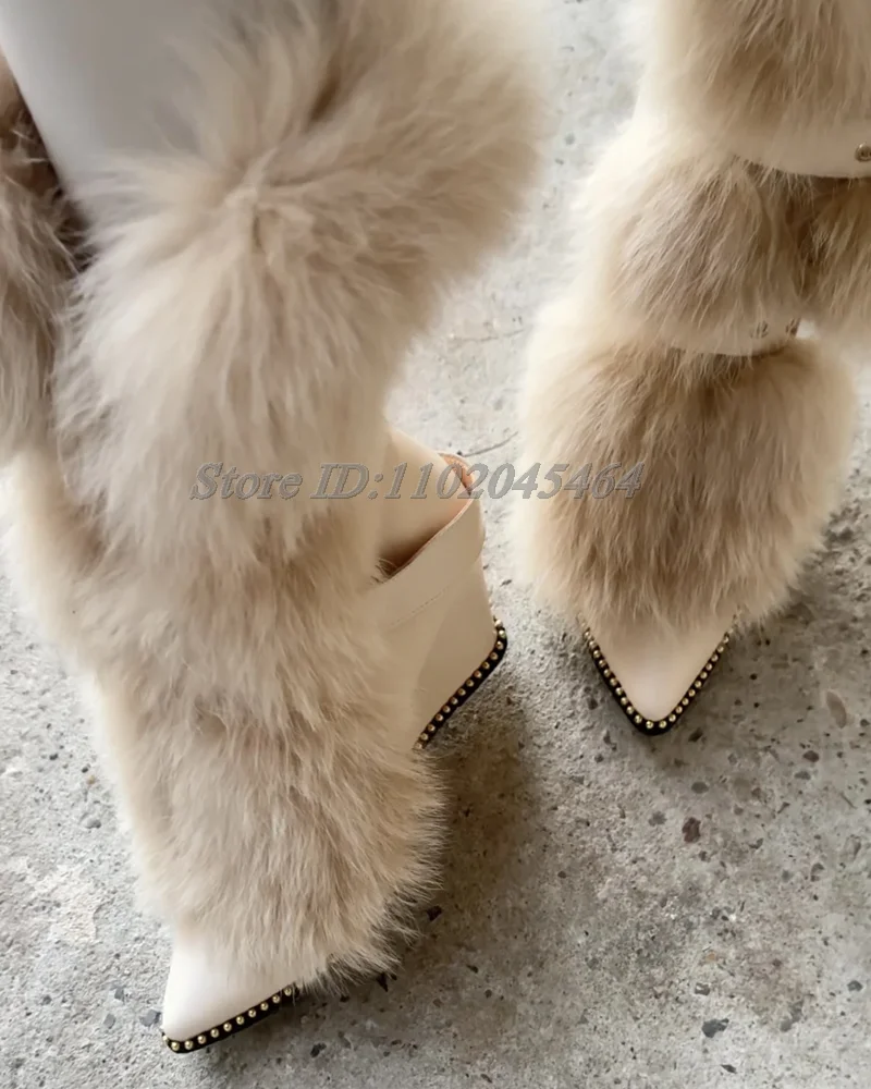 Winter Furry Wedges Leather Short Boots 2025 Women\'s Warm Buckled High Heels Pointed Toe Booties Big Size Luxury Designer Shoes