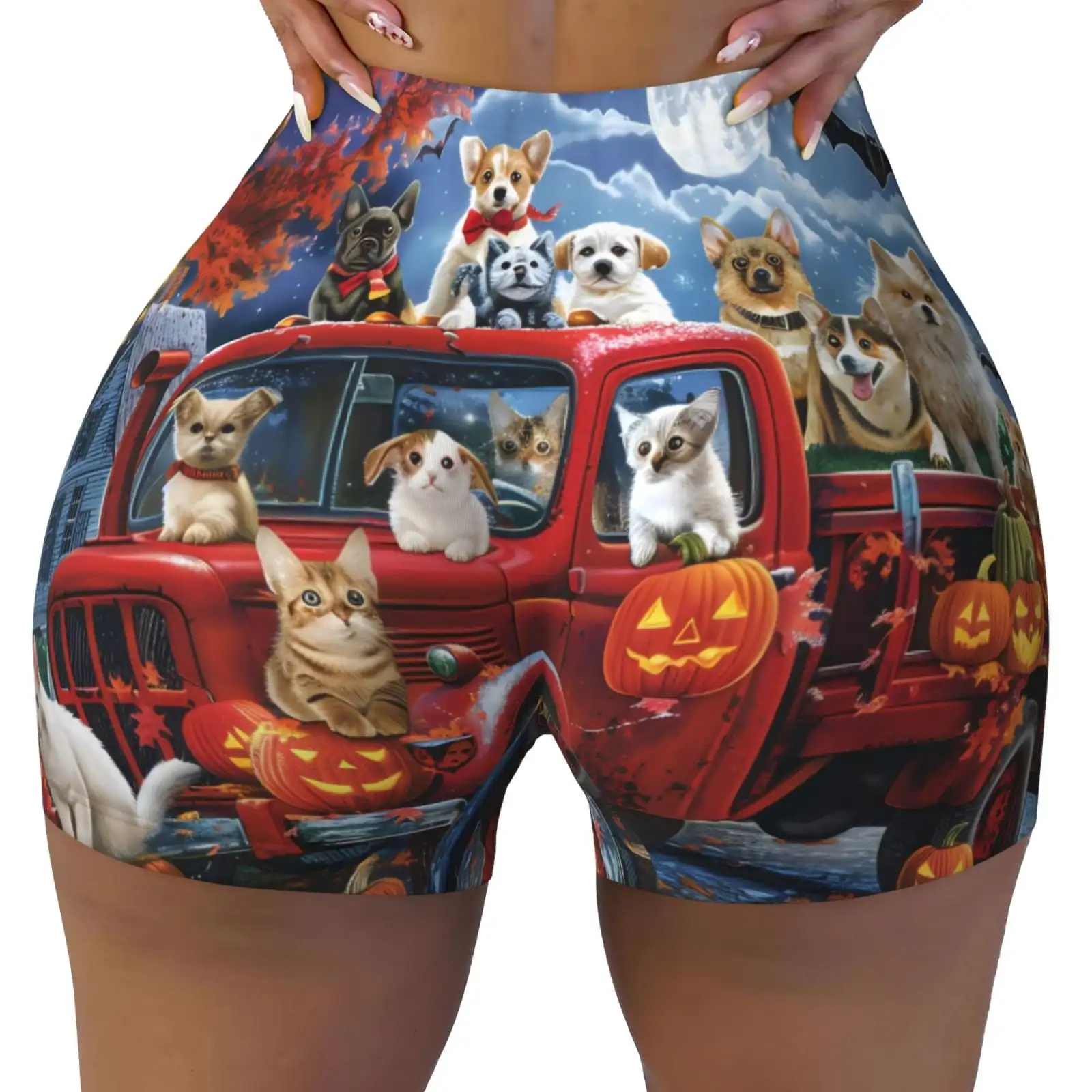 Halloween Pets Pumpkins Print Women's Biker Shorts,Workout Gym Shorts,Scrunch Shorts,Tummy Control Hidden Scrunch