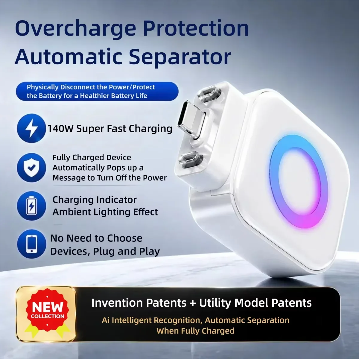 Full-charge Auto-disconnect Power Plug 140W Type-C Overcharge Prevention Physical Disconnect Separator for Android USB-C Device