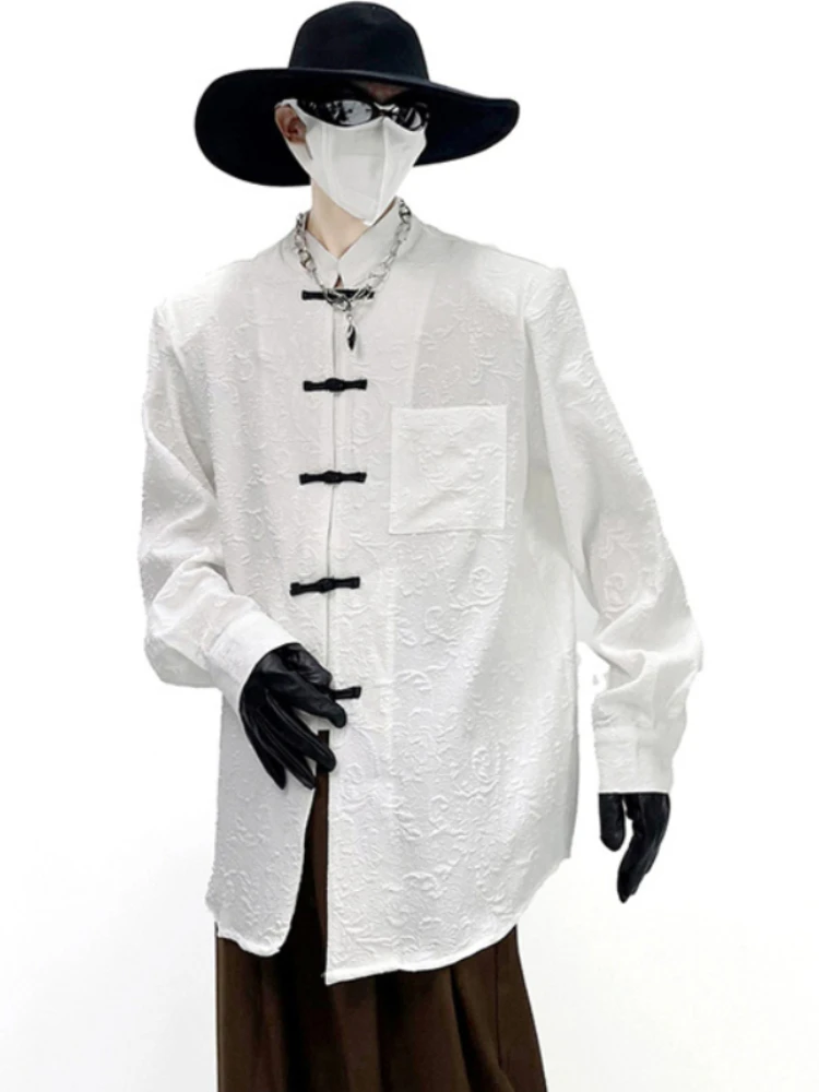 

Jackets Men Solid Color Casual Spring Stand Collar Jacquard Frog-Button Chinese Style Streetwear Chic All-match Padded-Shoulder