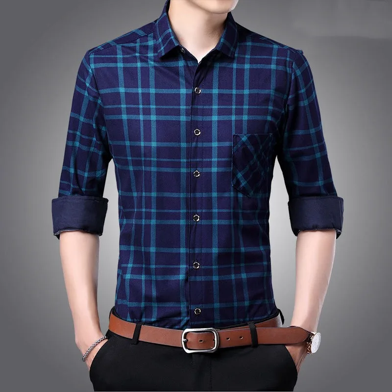 Spring Autumn Men\'s Turn-down Collar Plaid Striped Printed Pocket Long Sleeved Button Cardigan Shirt Fashion Casual Formal Tops