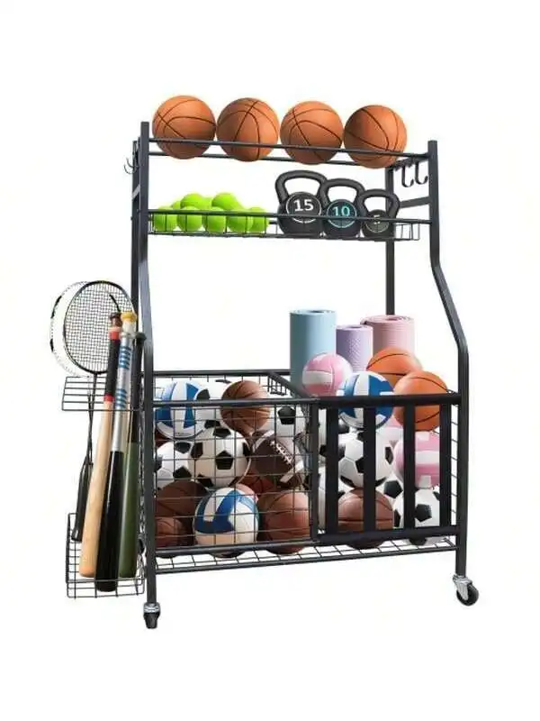 

2025 Heavy Duty Rolling Sports Equipment Organizer - Large Capacity Ball Storage Rack for Garage Indoor/Outdoor