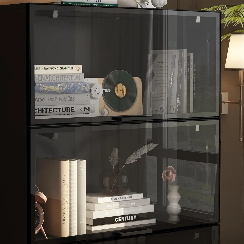 خزانة عرض زجاجية حديثة طويلة مع أضواء LED ثلاثية الألوان، وأرفف من 4 طبقات، وخزانة تخزين لرف الكتب المعاصرة