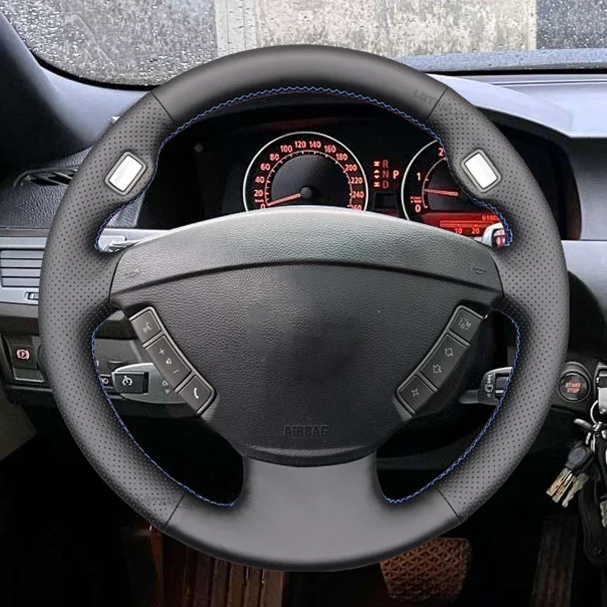 Black Artificial Leather Car Steering Wheel Cover for BMW 7 Series E65 E66 2001 2002 2003 2004 2005 2006 2007 2008 (3 Spokes)