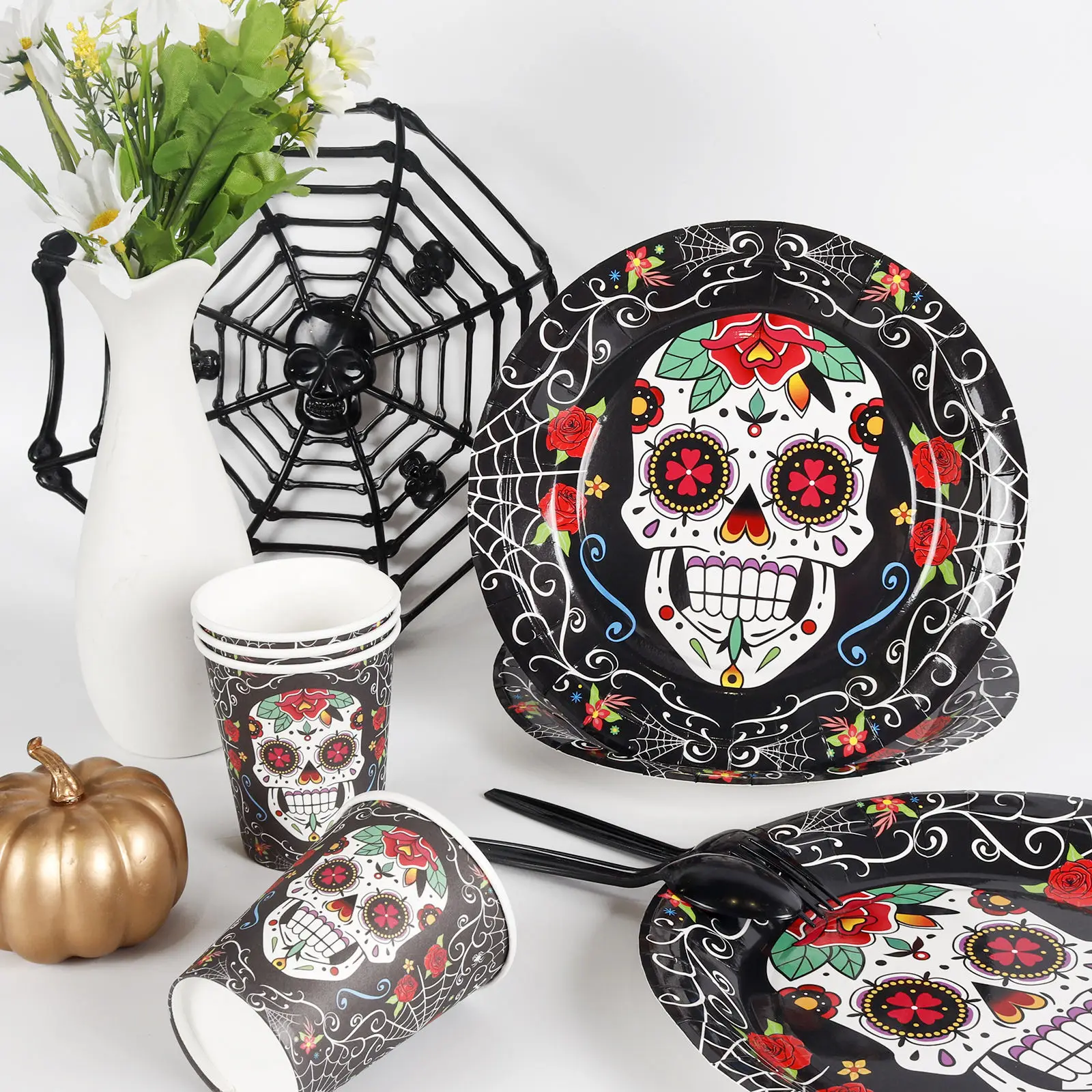 The Day of the Dead Party Supplies Disposable Paper Plate, Paper Cup, Tissue Set, Flower Skull Halloween Utensils