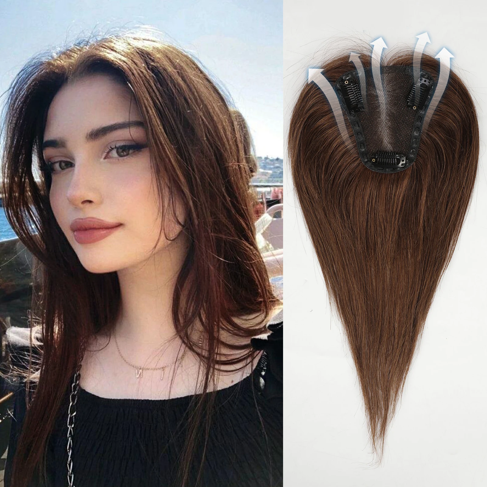 Haartoppers Blond Bruin Ombre 100% Remy Echt haar Topper Haarstukken voor Vrouwen 150% Dichtheid Zijde Basis 3Clip in Toppers 12 inch