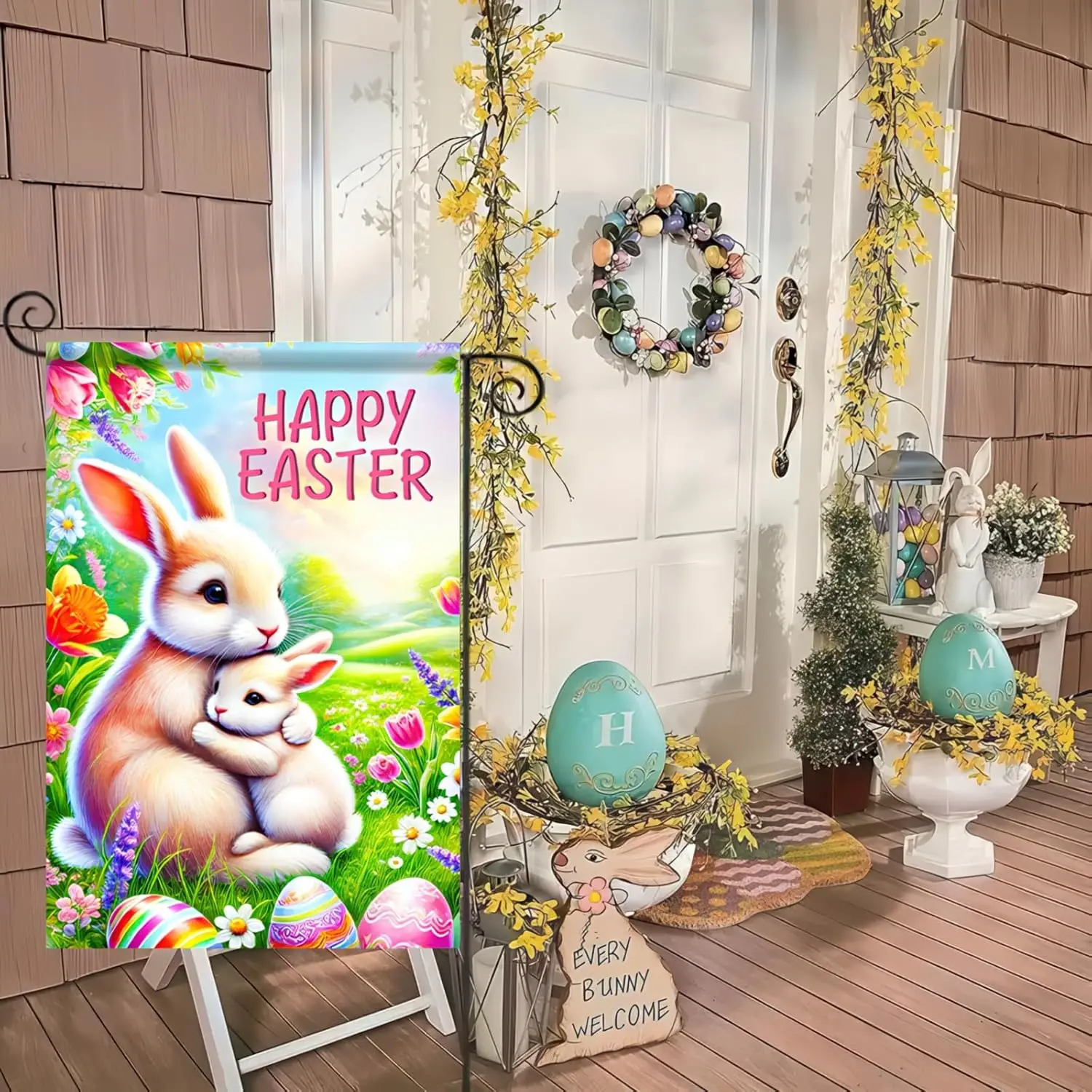 Happy Easter Garden Flag 12x18 Inch Double Bunny Floral Colorful Eggs Flags Easter Decor for Outside Yard Porch Outdoor Bann SSL