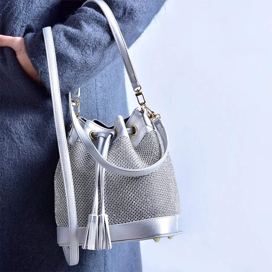 

Bucket Handbag Luxury PU+Diamond Drawstring Shouldler Bags For Women Summer Crossbody Bag Classic Purse Bolsa Circular Totes Bag