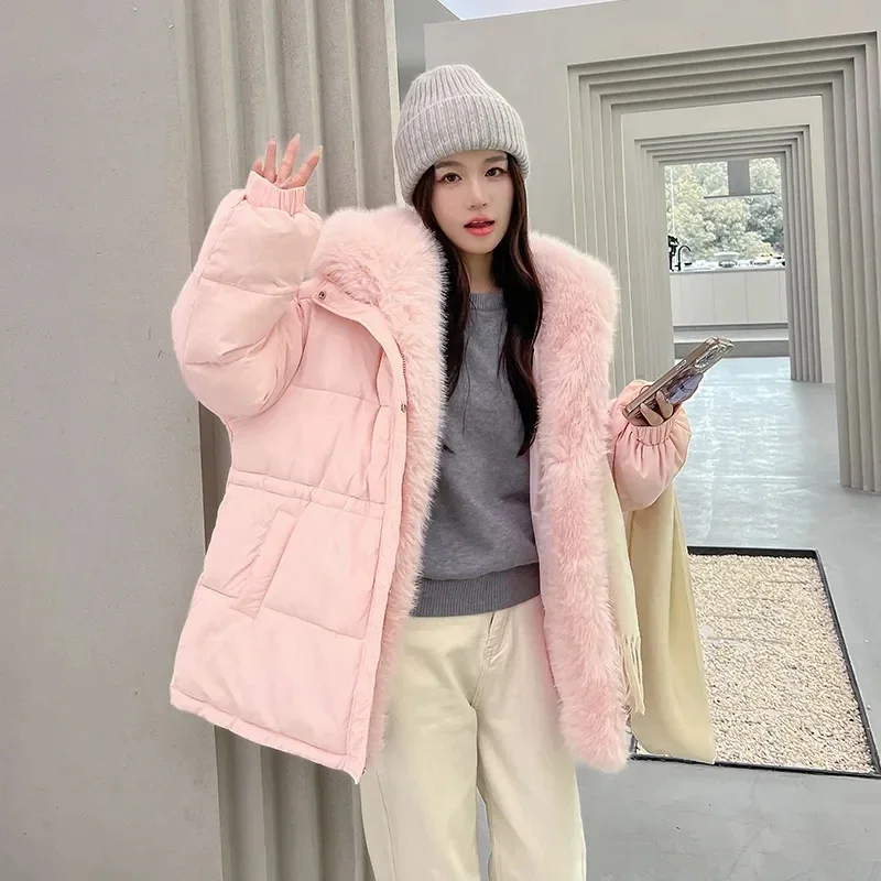 Fashion Rabbit Fur Collar Hooded Cotton Jacket For Women New With Plush and Thicken Hooded Winter Coat Female Warm Parka Coats