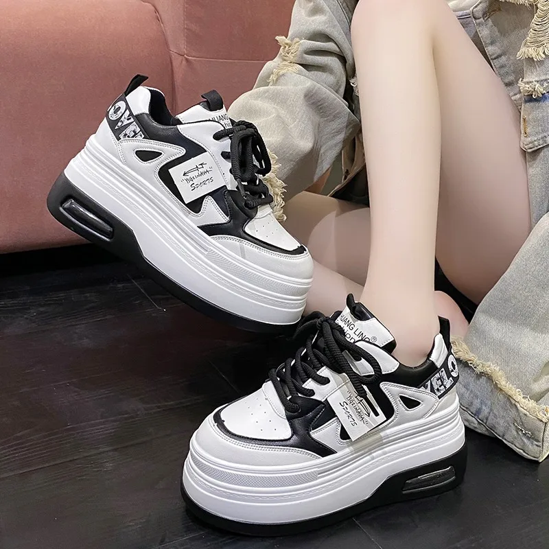 Chunky Leather Women Casual Shoes White Black 8CM High Platform Wedge Heels Sneakers Female Women Spring Autumn Skateboard Shoes