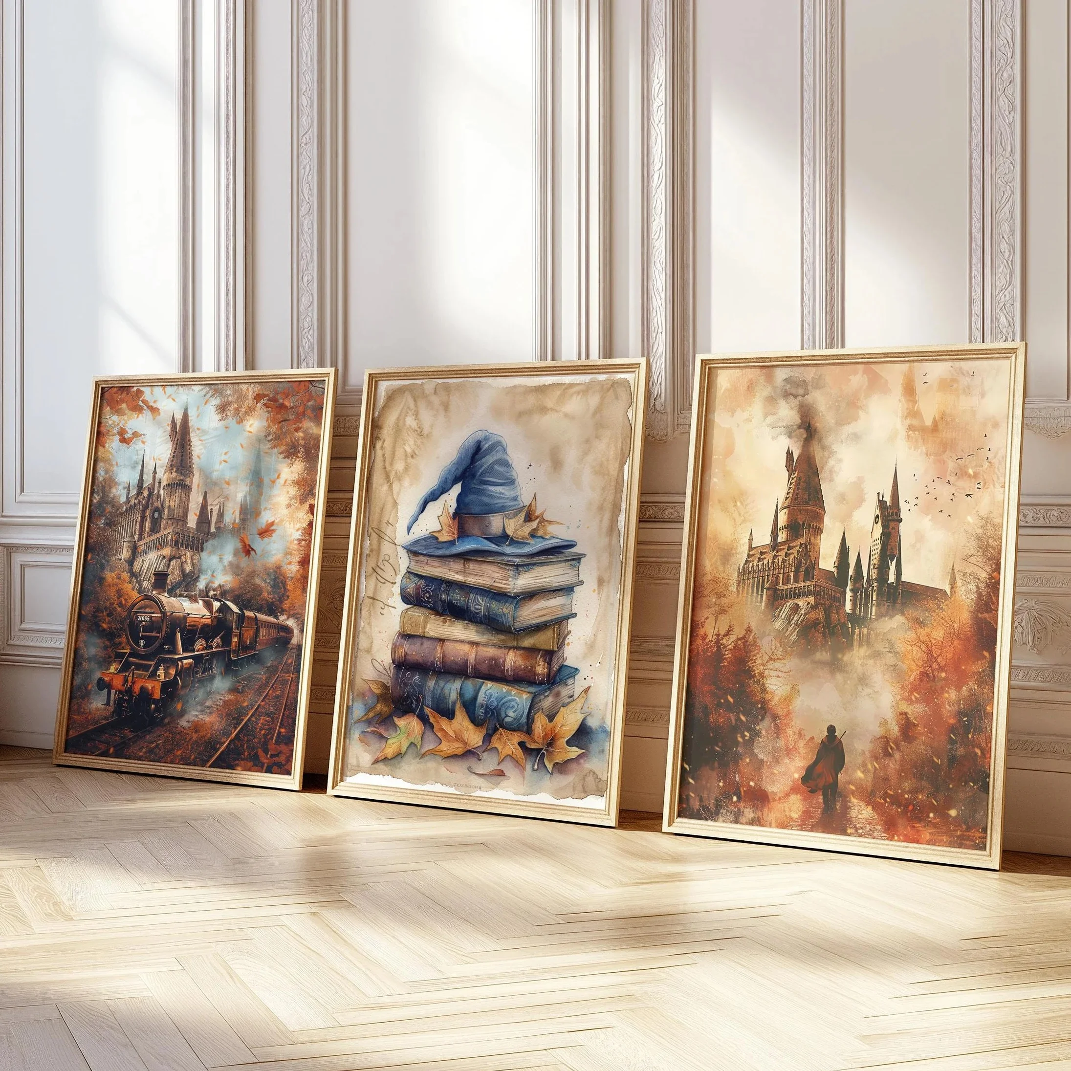 Poster da mago autunnale di Halloween da 3 pezzi, arte da parete con gufo del treno del castello magico, arredamento della stanza fantasy, set di stampa per la scuola materna autunnale, arte del mago