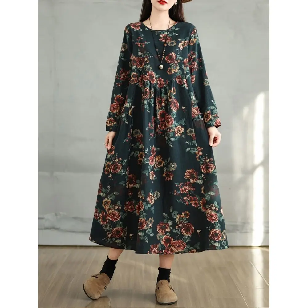 Baumwolle Vintage Print Floral Kleider 2025, Frauen Casual Lose Langarm Kleid Femme Robe Vestidos Elegante Frühling Herbst Kleidung