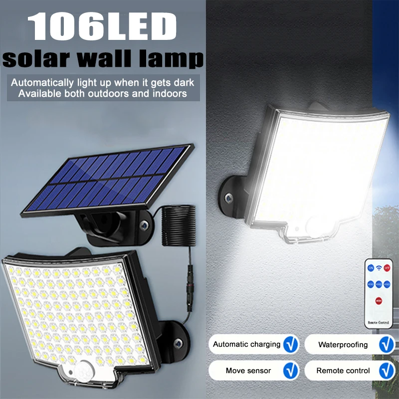 106 LED Super Bright Motion Sensor Solar Lights Outdoor IP65 Waterproof Remote Control Garden Street Porch Emergency Wall Lamp