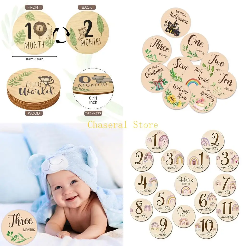 

E7CE Baby Growth Markers Wooden Cards Featureg Animal for Monthly Photos Taking and