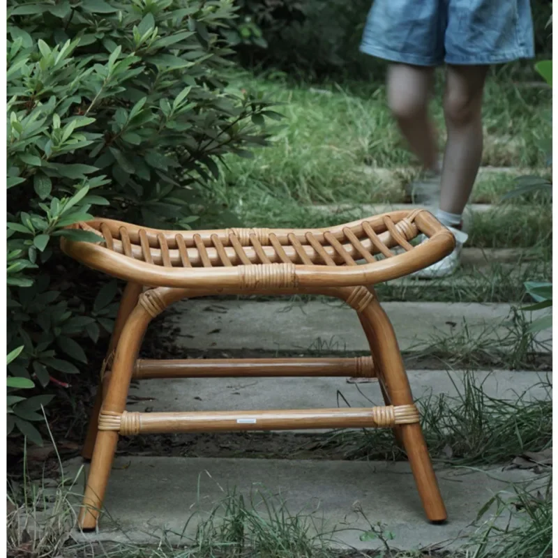Retro Versatile Changing Shoe Stool Rattan Weaving Foot Chair Living Room Sofa Pedal Seat Stable Load Bearing Hallway Ottoman